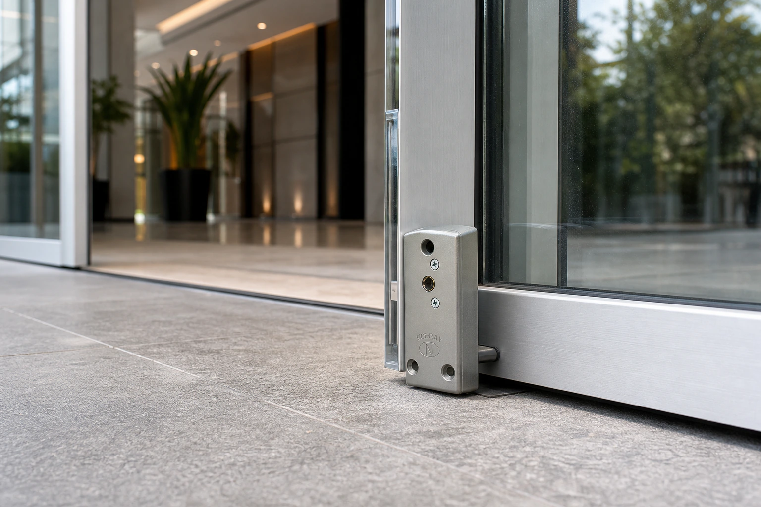Noray lock installed on an automatic sliding door