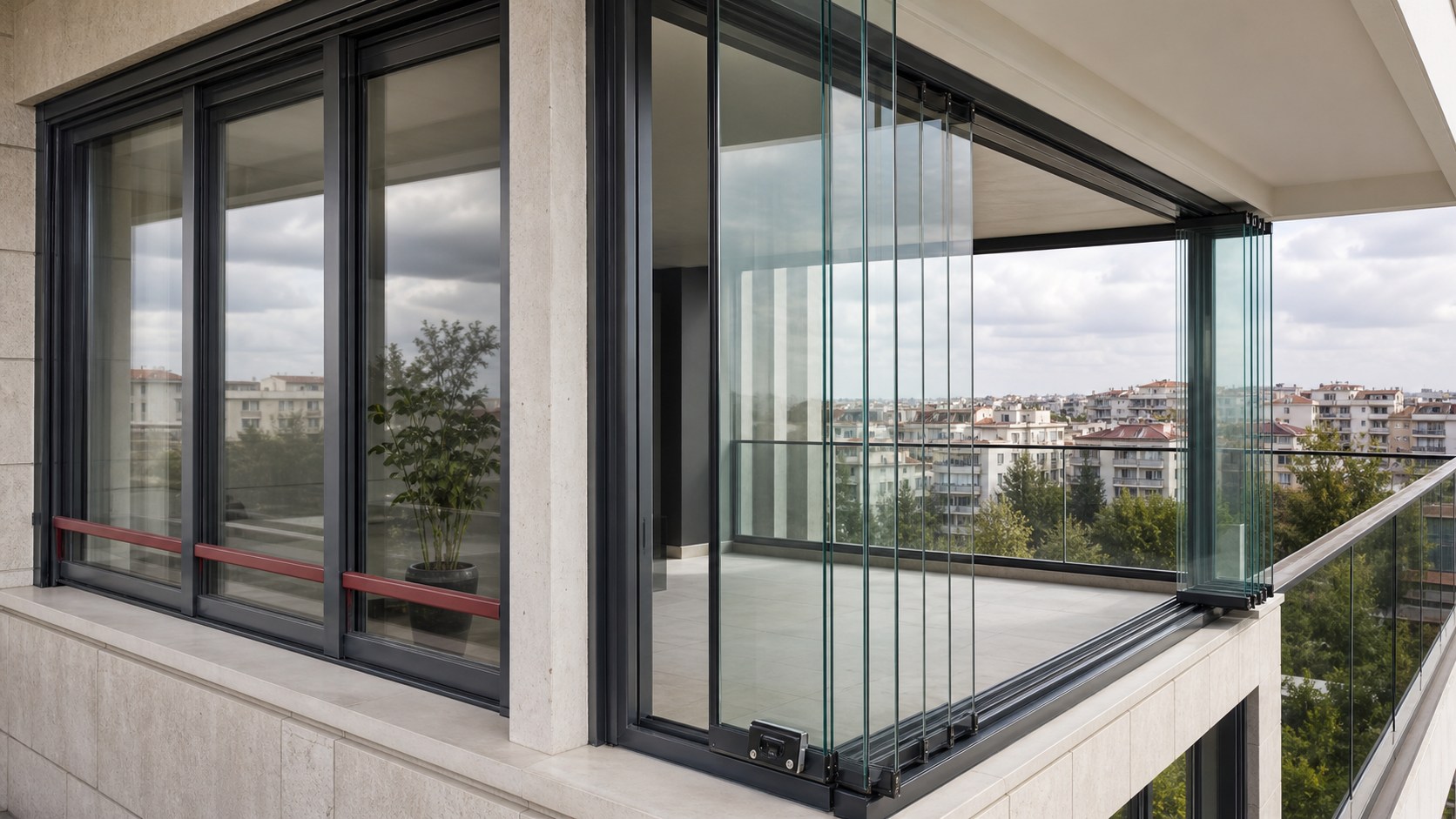Architectural view of framed and folding glass balcony systems