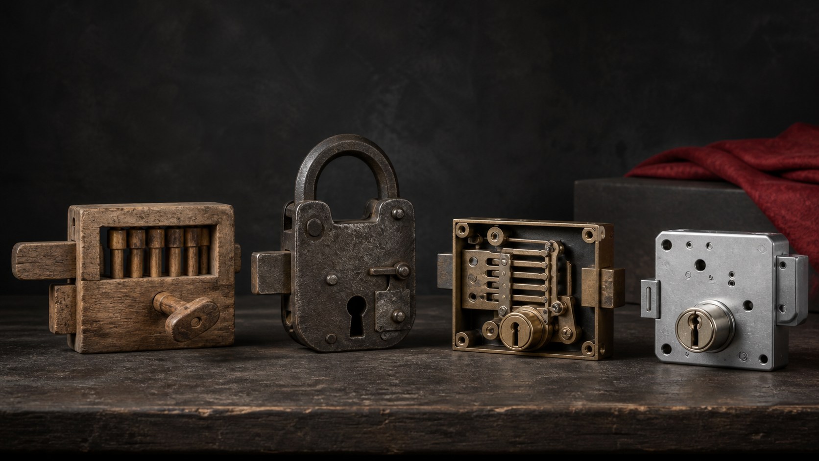 Lock mechanisms ranging from a wooden pin lock to a modern metal lock