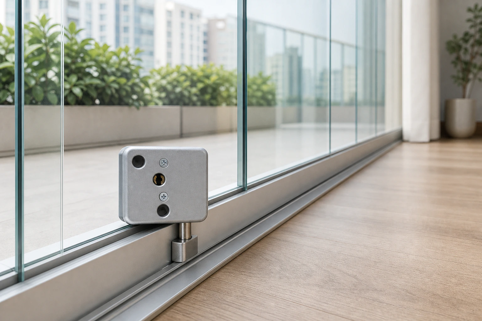 Noray lock used on a glass balcony bottom rail